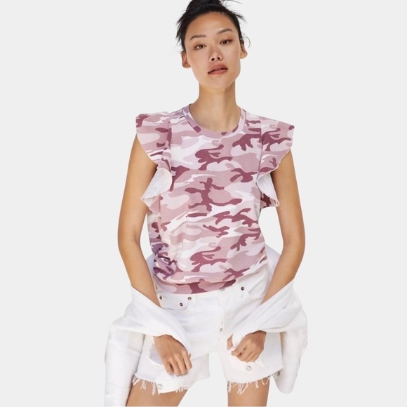 T.La Tops - Anthropologie t.la Ruffle Sleeve Sweatshirt Size L Rose Pink Camo Cotton